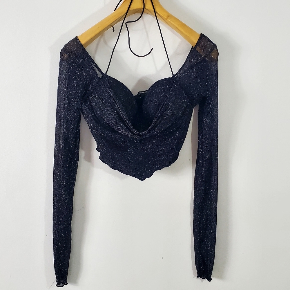 Forever 21 long sleeve crop top in black/silver